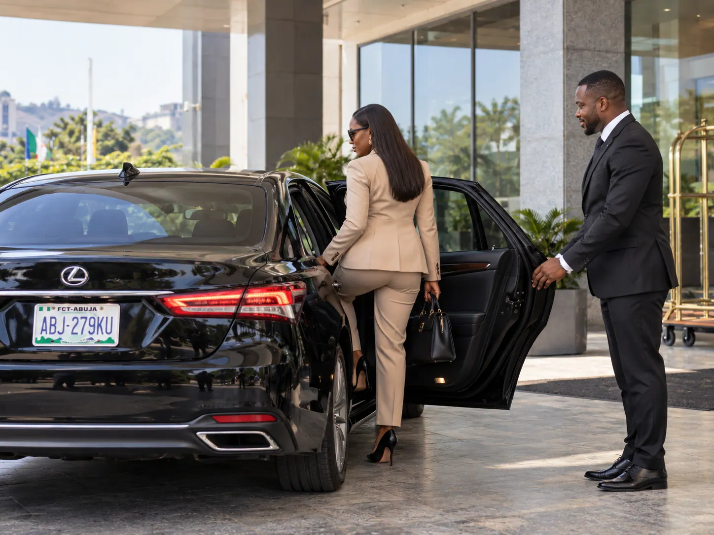 Chauffeur-assisted executive arrival illustrating driver-supported service in Abuja